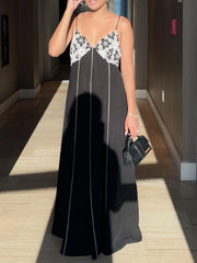 Cyflymder  Elegant Black Sleeveless V-Neck Embroidered Slip Long Dress Backless Women's Summer Sexy Holiday Party Clubwear