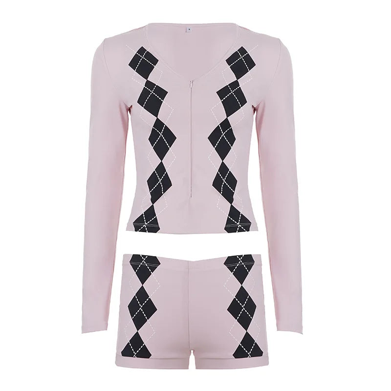 Cyflymder  Fashion Argyle Print Matching Set Women's Zip-up Front V-Neck Long Sleeve T Shirt&Shorts 2 Piece Outfit Casual Lounge Wear