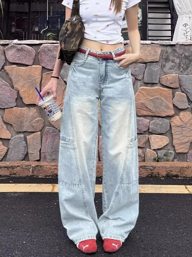 Cyflymder  American High Street Women's Blue Wide Leg Jeans Fall Fashion High Waist Loose Fit Slimming Patchwork Flared Floor Length Pants