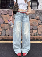 Cyflymder  American High Street Women's Blue Wide Leg Jeans Fall Fashion High Waist Loose Fit Slimming Patchwork Flared Floor Length Pants