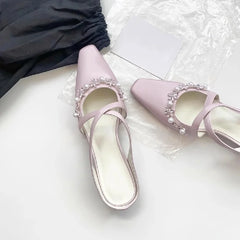 Cyflymder  Sheepskin Version French Gentle Purple Cross Strap Rhinestone Knitted Square Toe Mules For Women Outdoor Inner Height Increasing