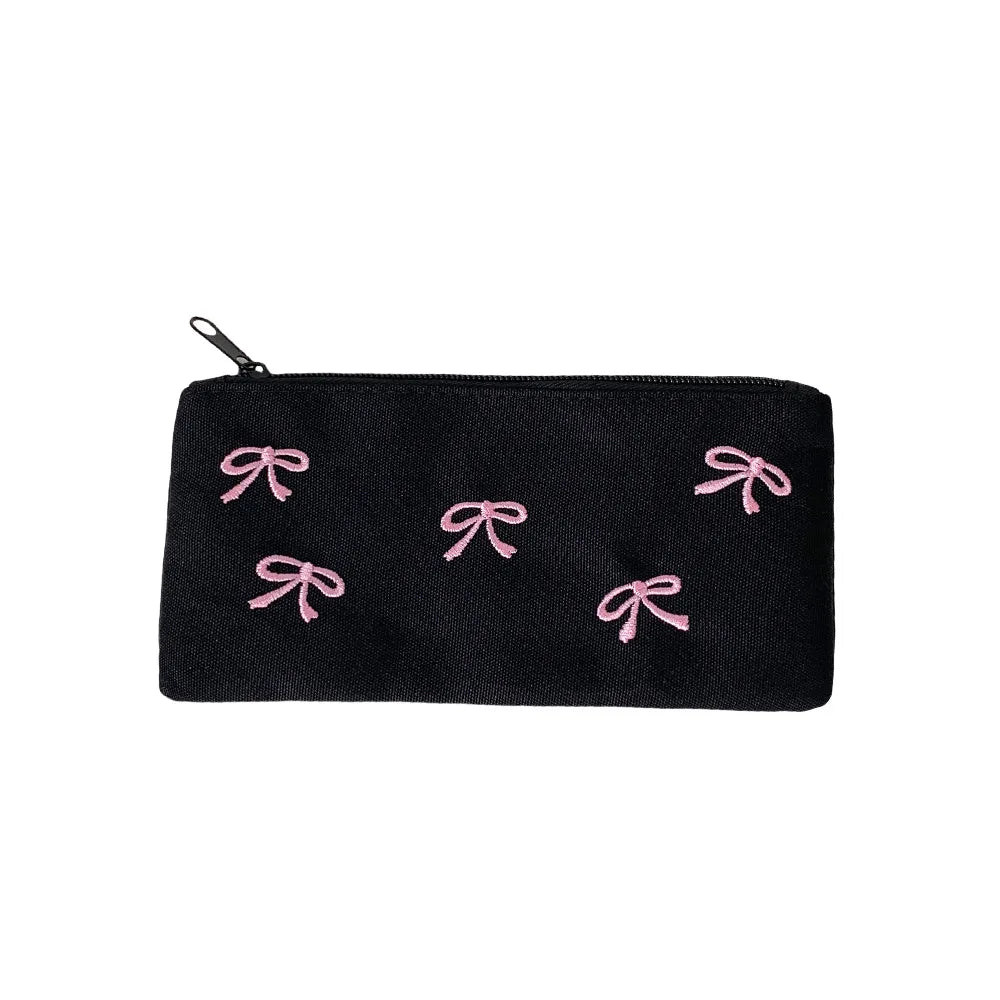 Cyflymder  1 PCS Fashionable Black Canvas Pen Bag With Embroidery Pink Bow Storage Bag For Student Friend Gift