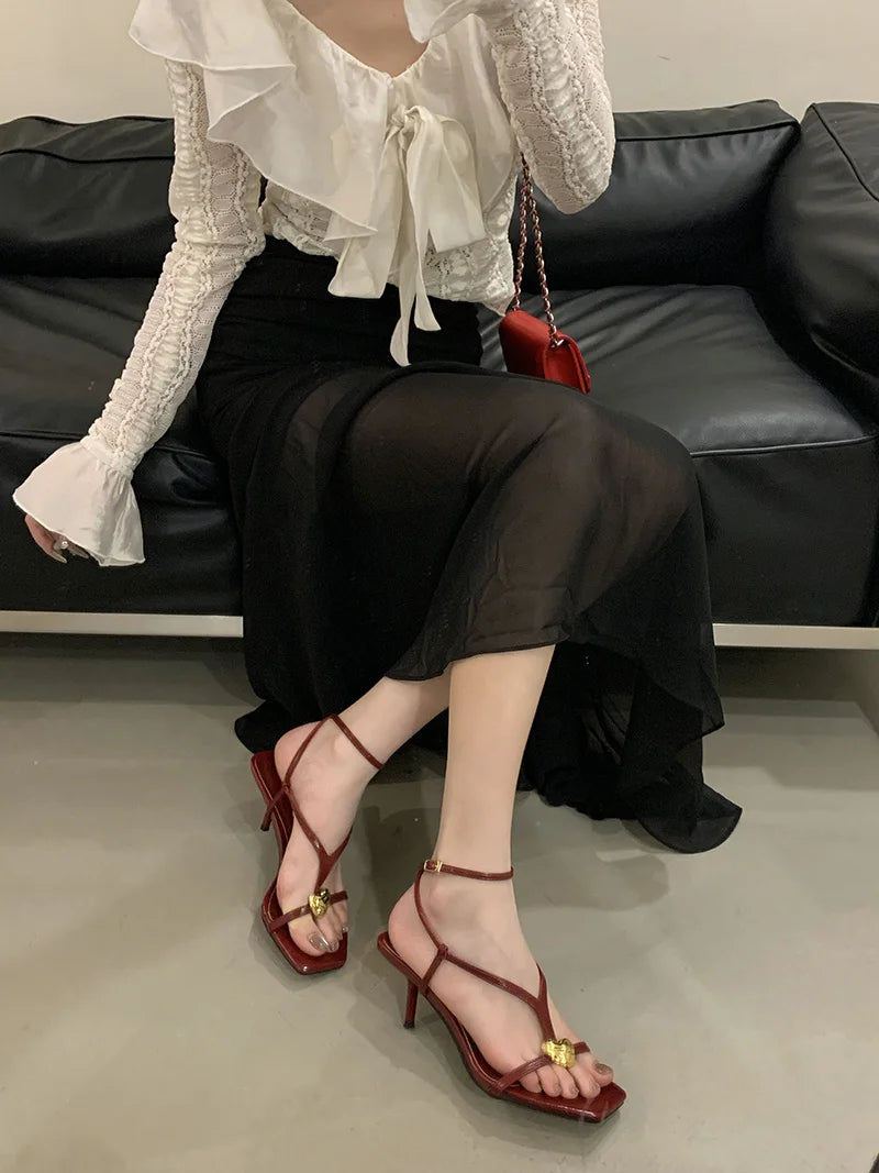 Cyflymder  Summer Fashion Metal Buckle Decoration Narrow Band Gladiator Sandals Women Square Toe Low Thin Heels Party Dress Shoes
