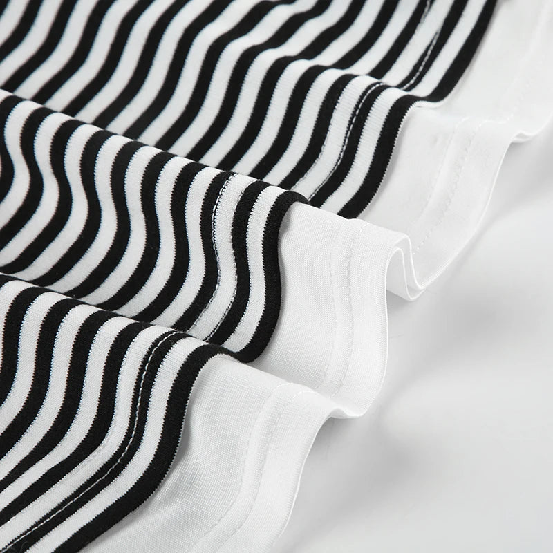Cyflymder  Casual Patchwork Striped T Shirt Fake 2 Piece Basic Halter O-Neck Short Sleeve Tees Women 2025 Summer Fashion Streetwear