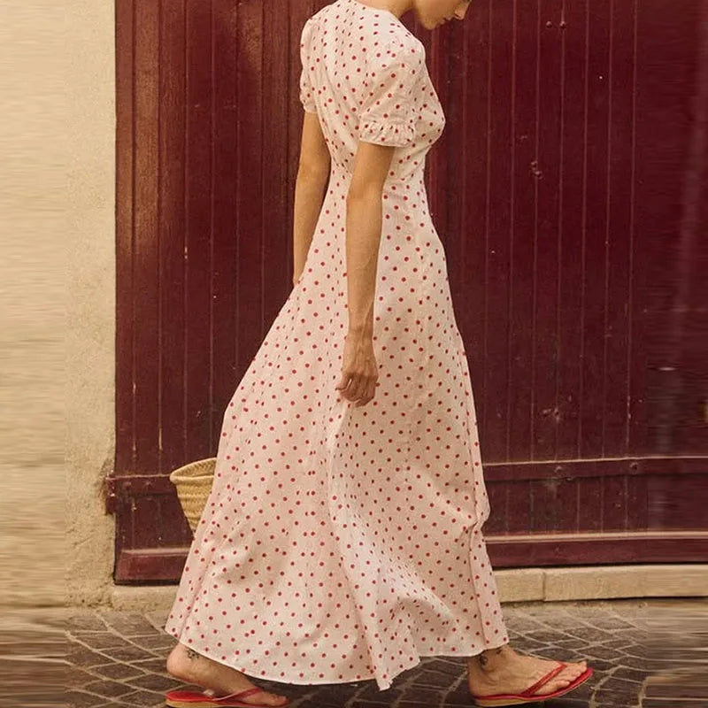 Cyflymder  Casual Short Sleeve High Waist Swing Dress French Style Seaside Vacation Maxi Dress Fashion Polka Dot Print V-neck Evening Dress