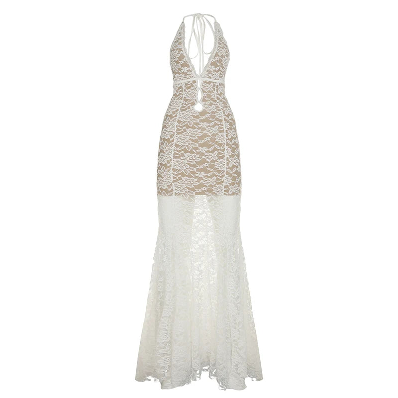 Cyflymder  Holiday Hollow Out Lace Trumpet Dress Beach Style Backless Deep V-Neck Sleeveless Maxi Dresses For Women 2025 Summer