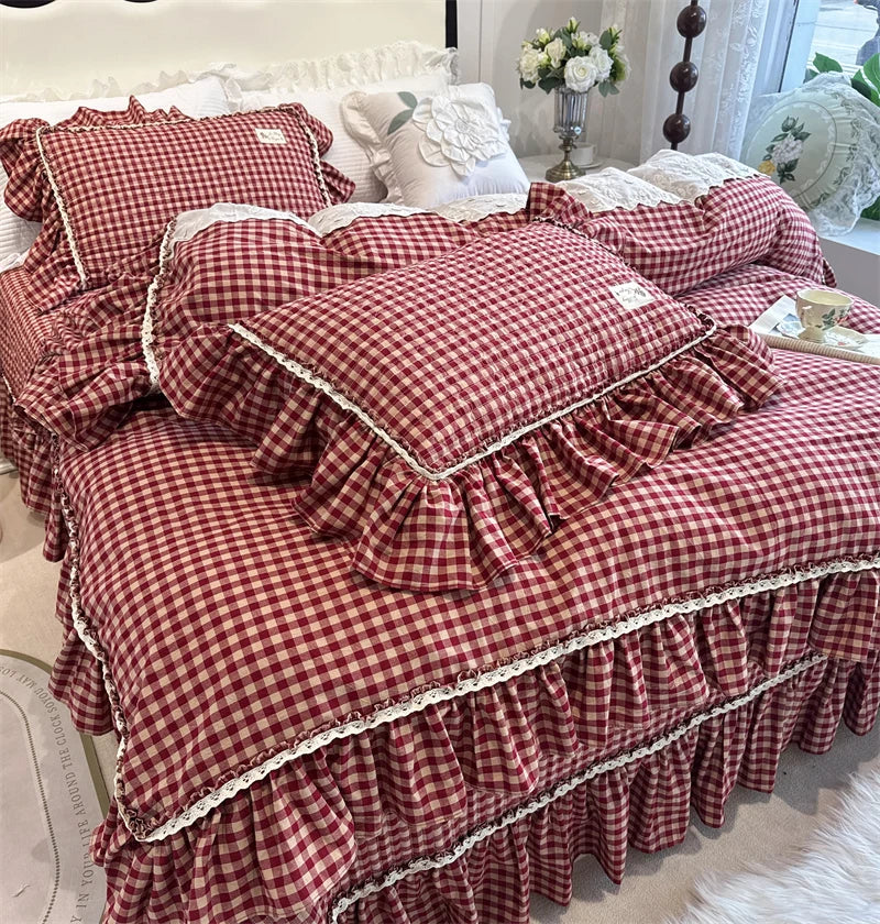Cyflymder  100% Cotton yarn-dyed Plaid Washed Cotton Ruffles Korean Princess Bedding Set Duvet Cover Quilted Bedspread Pillowcases 4Pcs