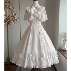 Cyflymder   Pink Japanese Sweet Elegant Lolita Long Dress Women Kawaii Bow Stand Collar Slim Bandage Lace Dresses Retro Evening Party Dress