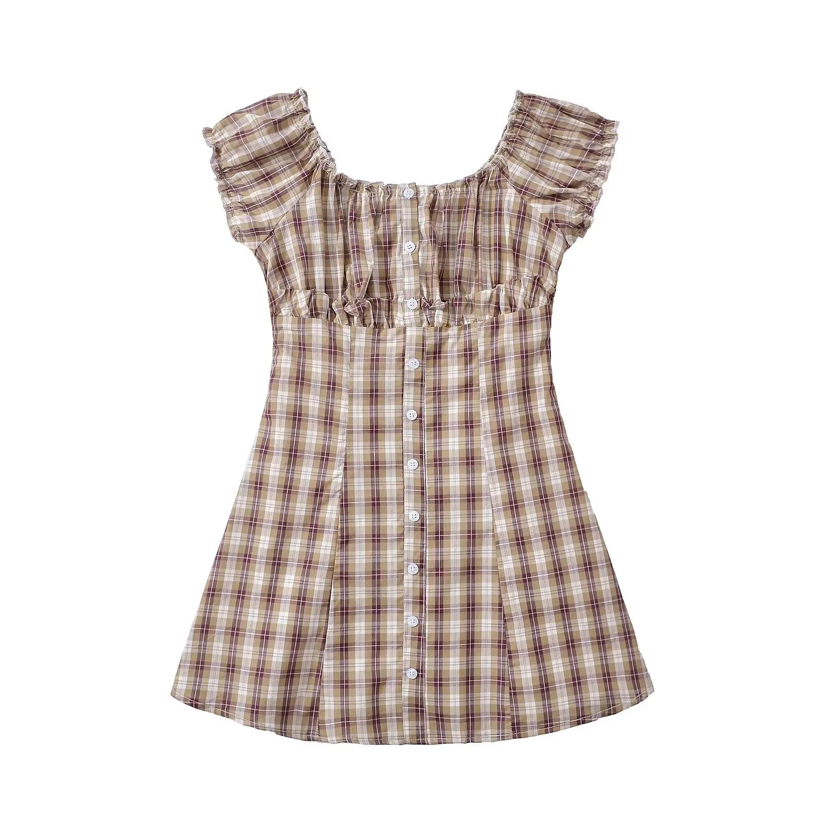Cyflymder  CHIC Contrast Color Plaid Open Buttons Slash Shoulder Mini Dress Women Short Sleeve Slim Waist Dresses Holiday Robe Femme