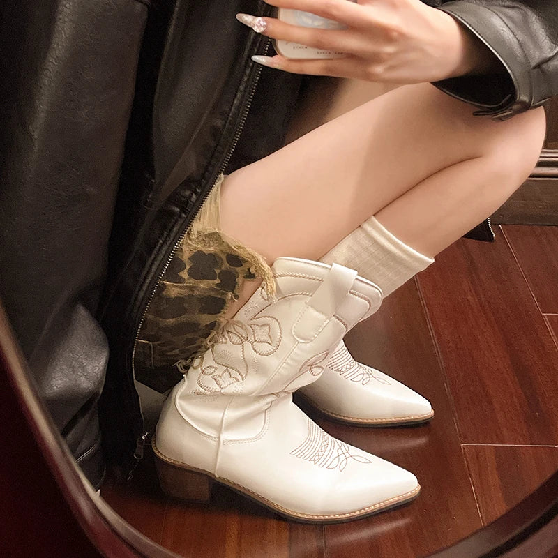 Cyflymder  Autumn Winter Vintage Women Western Cowboy Boots Fashion Slip On Thick Heel Shoes Embroidery Knight Mid Calf Botas