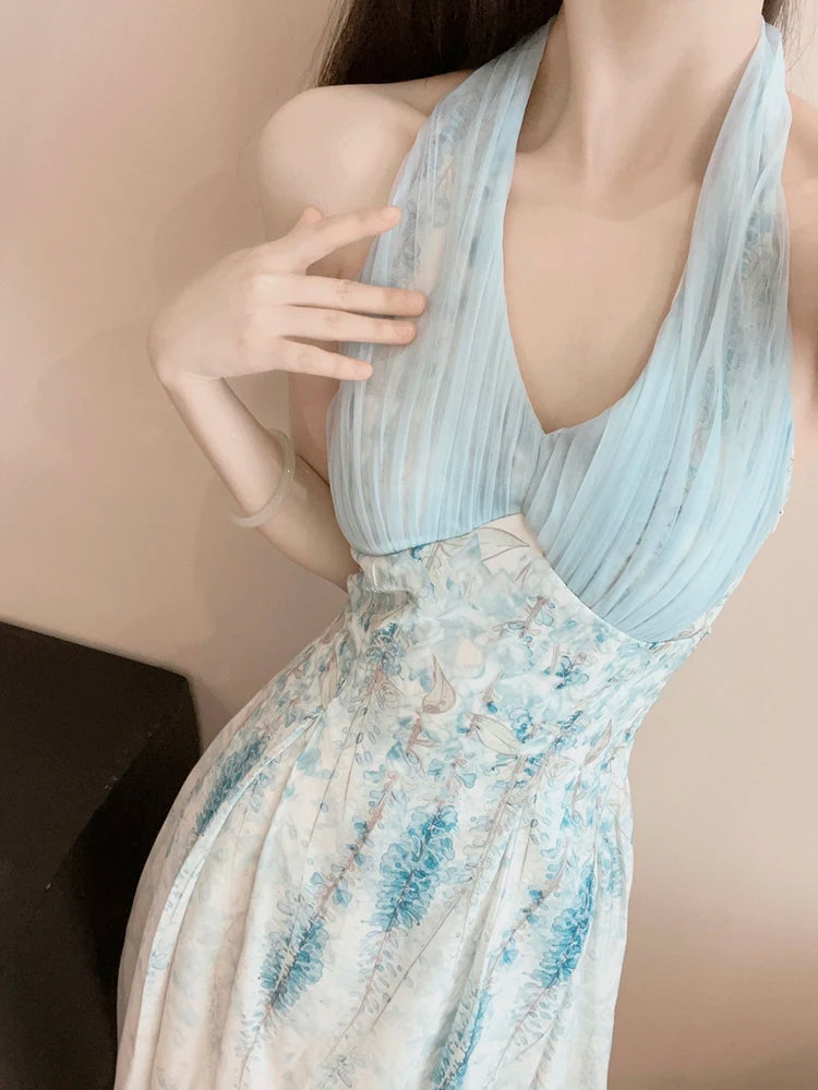 Cyflymder  Floral Sexy Halter Beach Dress Women Elegant Slim Sweet Sleeveless Vintage Long Dress Casual Retro Mesh Patchwork Vestidos