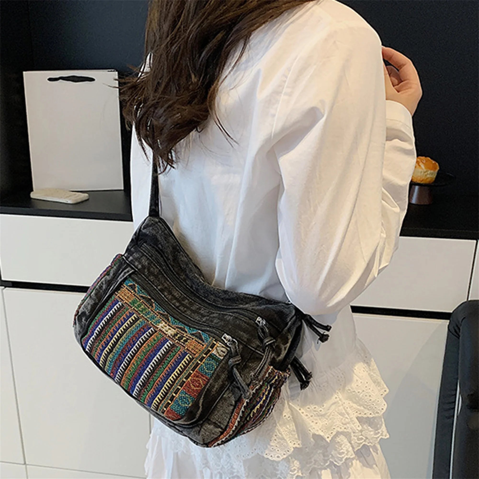 Cyflymder  Stylish Ethnic Print Tote Bag with Adjustable Strap for Women Casual Shoulder Handbag with Unique Pattern for Girls