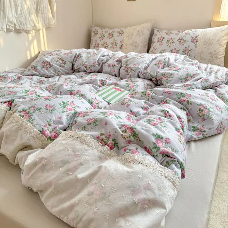 Cyflymder  INS French Style Fresh Floral Lace Trim Four-Piece Set Washed Cloud Cotton Quilt Cover Bed Sheet Dormitory Bed Sheet Sets
