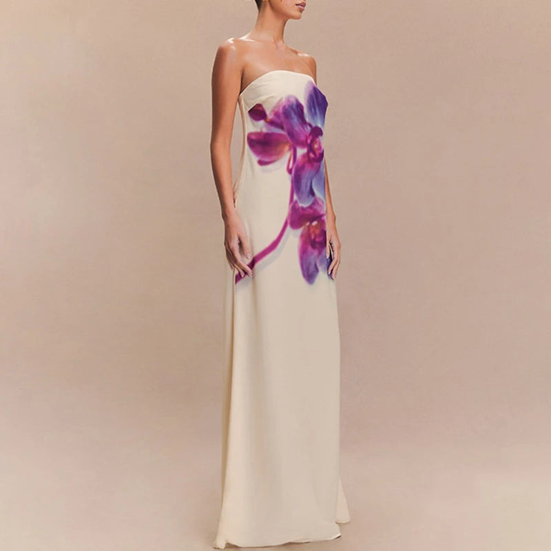 Cyflymder  Spring Fashion Flower Print Women Long Dress Sexy Strapless Backless Hollow Evening Dress Summer Off Shoulder Holiday Maxi Dress