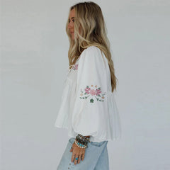 Cyflymder  White Lovely Blouses Shirts Women Puff Long Sleeve Floral Embroidery Pullover Top Autumn Blouse Boho Beach Blusas Ladies Tops