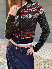 Cyflymder  Vintage Fair Isle Jacquard Knitted Cardigan Women Autumn Buttons Long Sleeve Cropped Jumper Coat Sweet Basic Slim Sweaters Tops