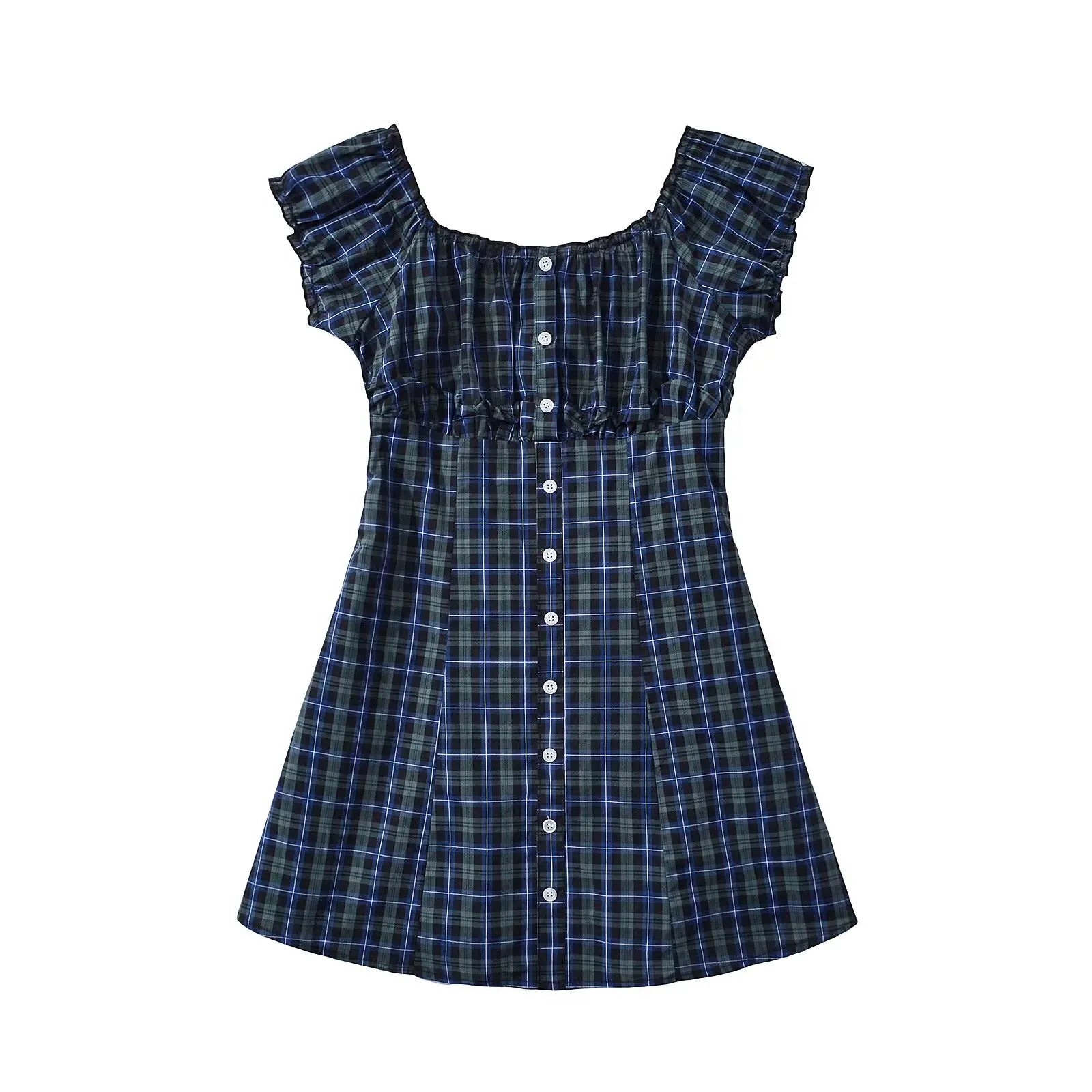 Cyflymder  CHIC Contrast Color Plaid Open Buttons Slash Shoulder Mini Dress Women Short Sleeve Slim Waist Dresses Holiday Robe Femme
