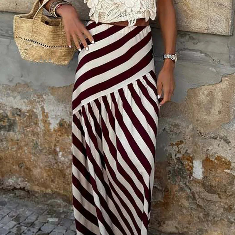 Cyflymder  Spring Summer Loose Commuting Half Skirt 2025 Vacation High Waist Party Skirt Casual Bohemian Striped Printed Women's Long Skirt