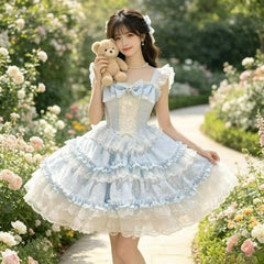 Cyflymder   Pink Japanese Sweet Lolita Style Jsk Dress Women Retro Elegant Lace Ruffles Bow Strap Princess Dresses Y2k Cute Party Mini Dress