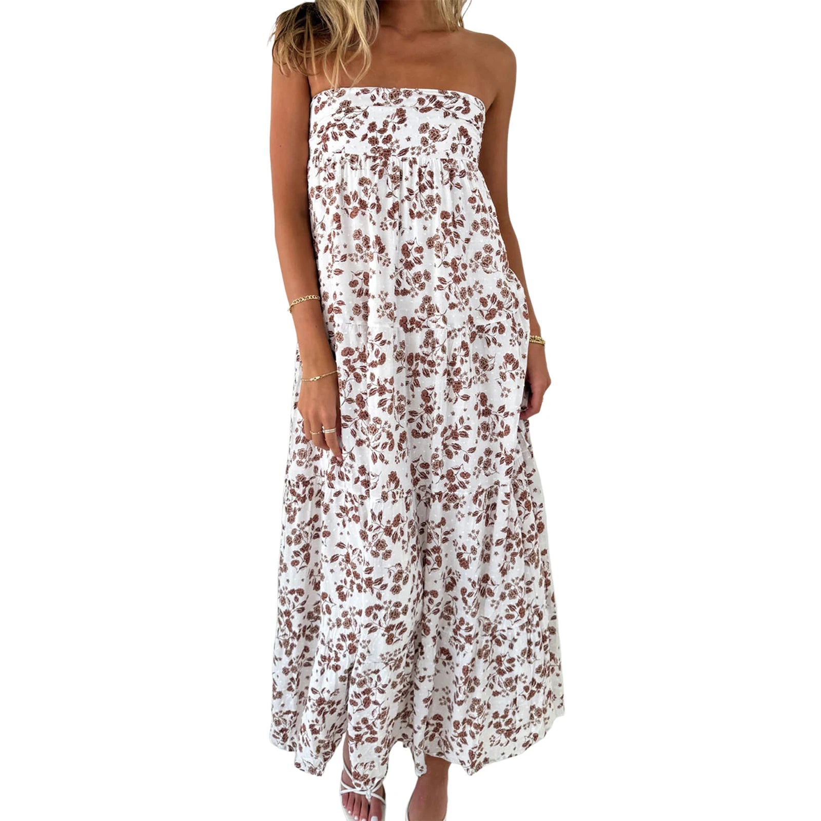 Cyflymder  Elegant Off-Shoulder Maxi Dress with Boho Floral Print and Lace-Up Back Detail for Summer Wedding Party or Vacation Beachwear