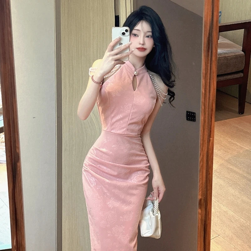 Cyflymder  Sweet Hot Girl Chinese Style Elegant Sleeveless Dress Women's Summer Slim Fit Jacquard Wrapped Buttocks Dress Female Clothes