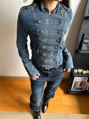 Cyflymder  New American Retro Y2K Millennium Aesthetic Women's Denim Cardigan Jacket Double-breasted High-neck Napoleon Style Outwear