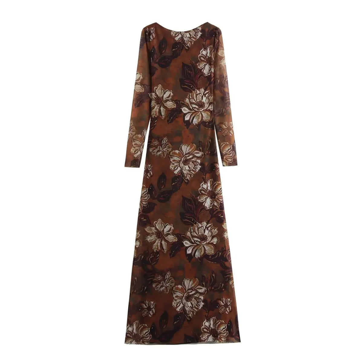 Cyflymder  Flower Printed Mesh Party Dress Long Sleeve Brown Maxi Dresses for Women Backless Elegant Beach Casual New Vestidos