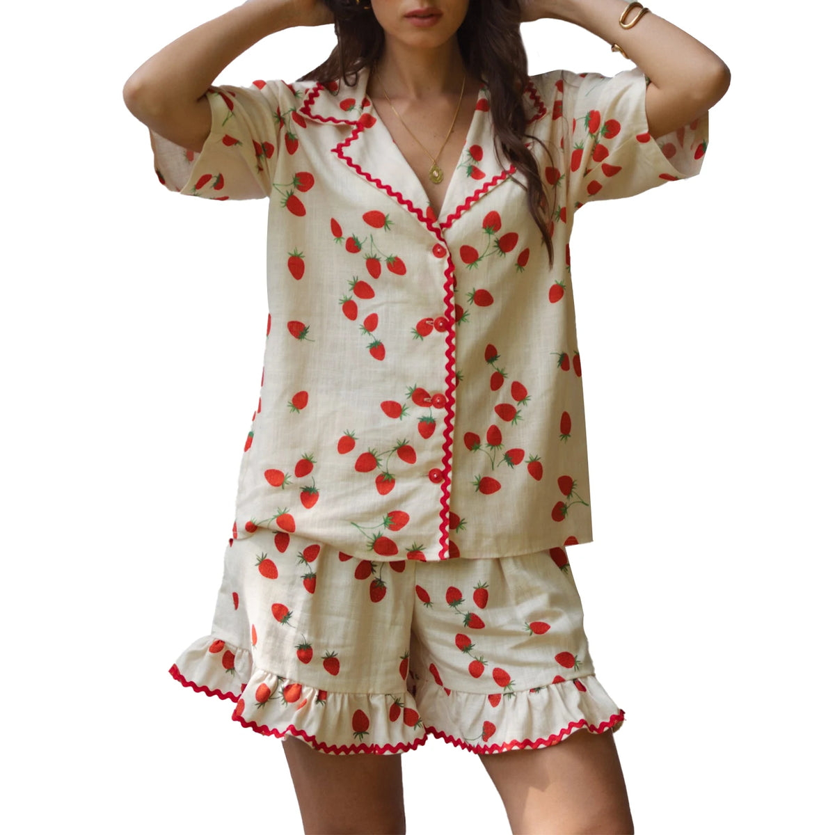 Cyflymder  Women's Y2K 2Piece Pajamas Set Loungewear Strawberry/Plaid Print Short Sleeve Lapel Tops +Ruffled Hem Shorts Sleepwear