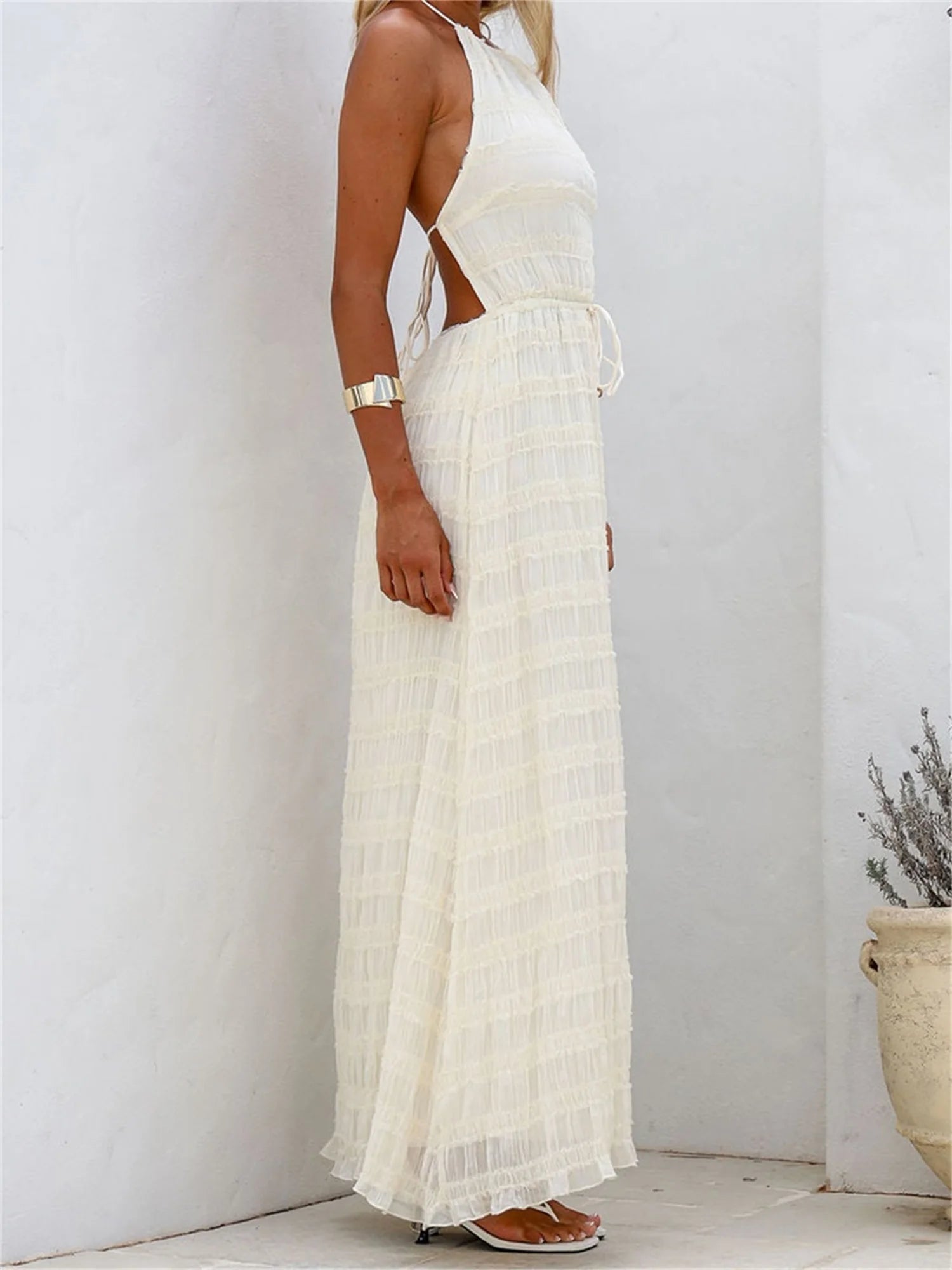Cyflymder  Elegant V-Neck Maxi Dress with Ruffle Detail and Adjustable Waist Tie Sleeveless Summer Beach Dress for Women
