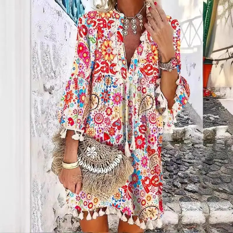 Cyflymder  plus Size Printed irt Collar Dr Women's Commuter Sle Polyester Fiber Seven Sve Busin Scene Splice Skirt