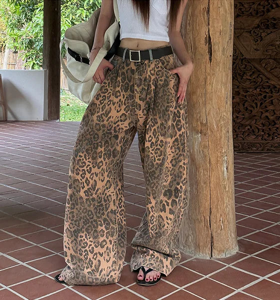 Cyflymder  Retro Splicing High Waist plus Size Slimming Leopard Print Design Casual Sle Women's Jeans Autumn New Arrival