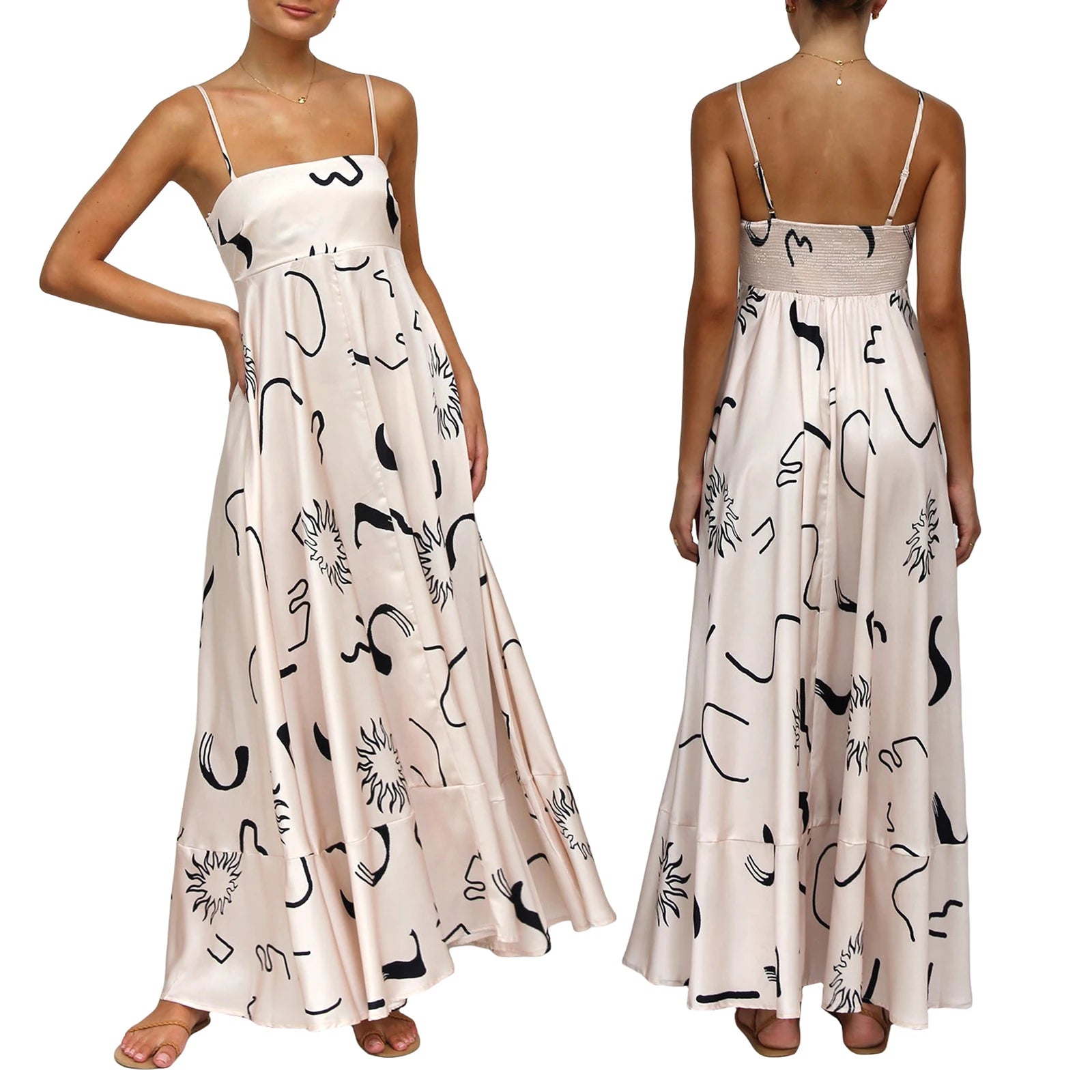 Cyflymder  Spaghetti Straps Flowy A-Line Long Dress Women's Summer Printed Backless Sleeveless Slip Swing Dress for Party Vacation Street
