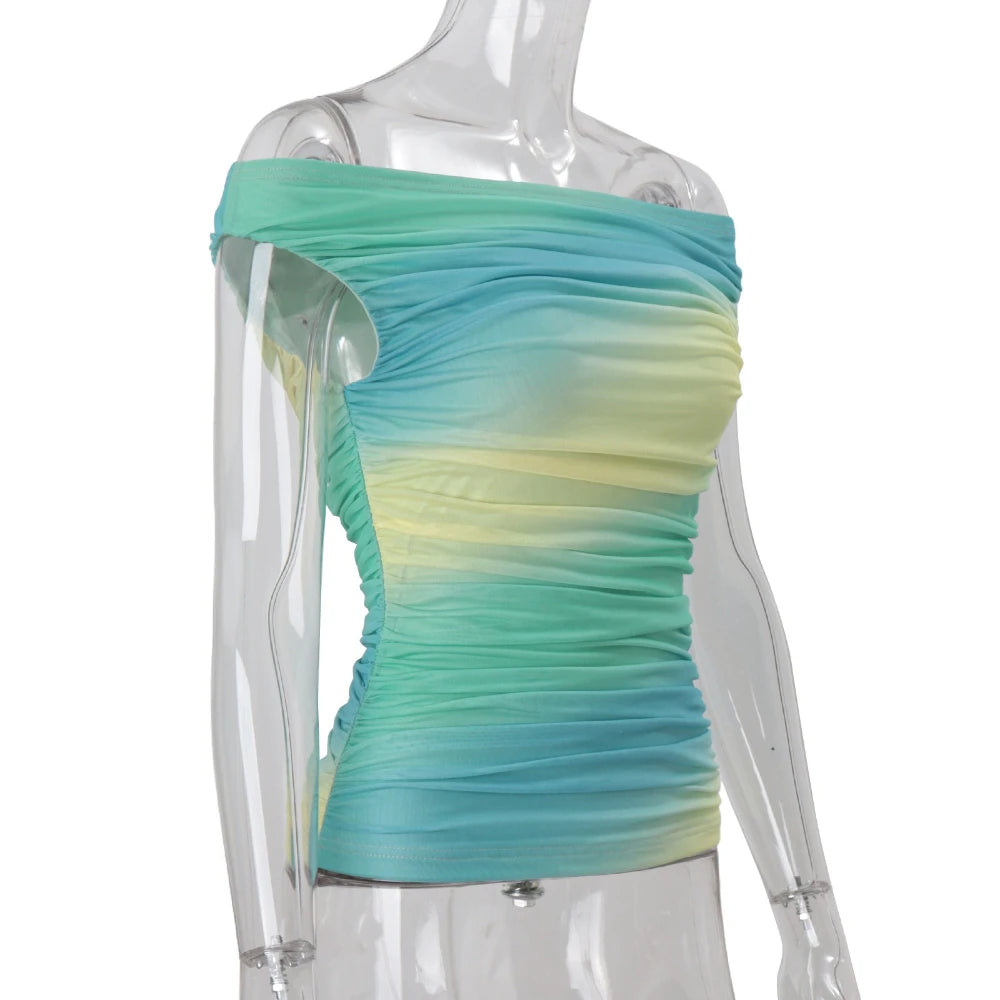 Cyflymder  Gradient Color Slimming Vest for Women Slash Neck Short Sleee Backless Fashionable Sexy Top Female Summer New Style