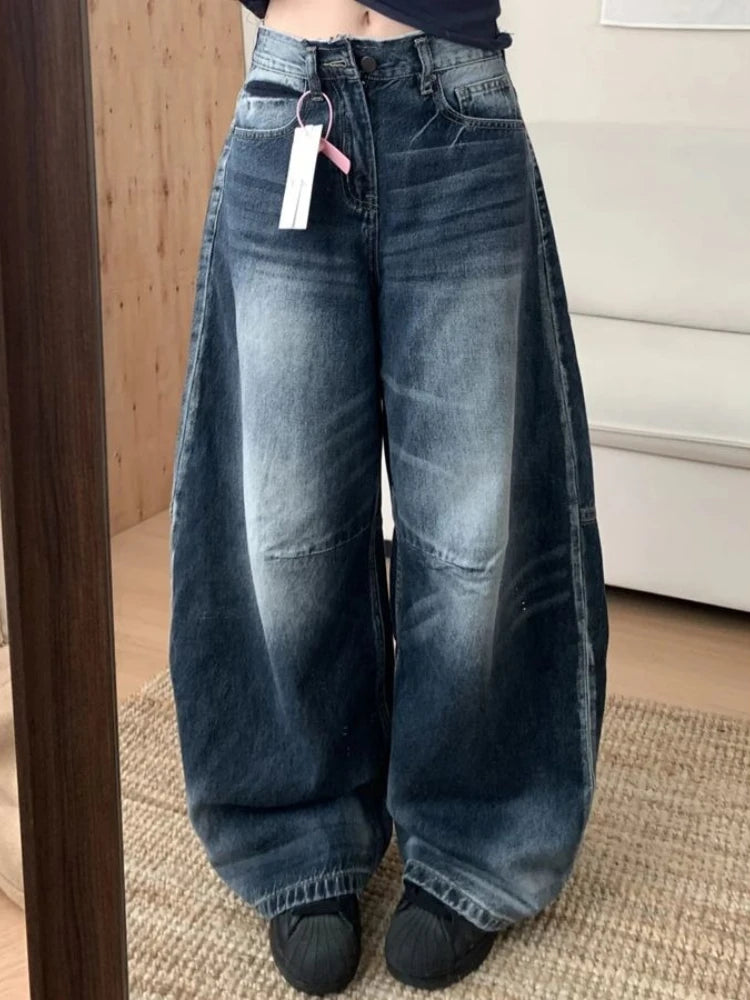 Cyflymder  Blue Washed Distressed Jeans Women Wide Leg High Waist Barrel-leg Denim Trousers American Style Baggy Casual Basic