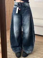 Cyflymder  Blue Washed Distressed Jeans Women Wide Leg High Waist Barrel-leg Denim Trousers American Style Baggy Casual Basic