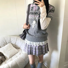Cyflymder  Vintage Jacquard Short Sleeve Sweater Women Half High Collar Slim Fit Y2k Knitted Tops Autumn Winter Versatile Pullover