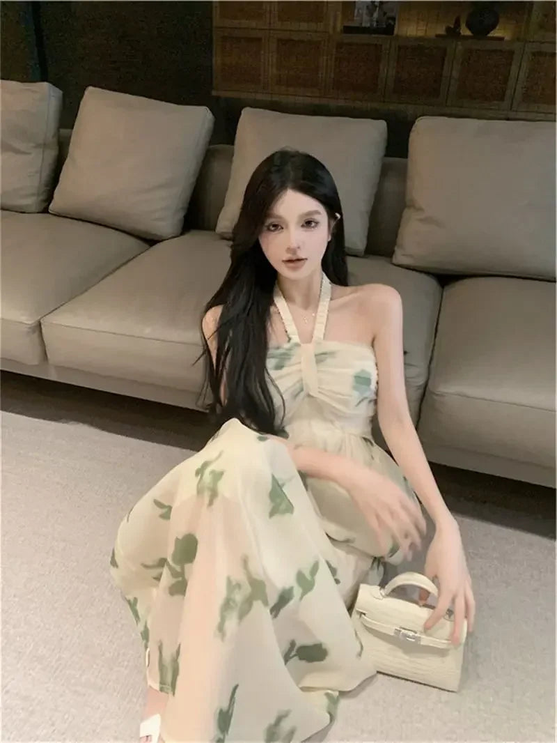 Cyflymder  Temperament Floral Neck Strapless Tulle Skirt Gentle Style Slim A-line Long Skirt