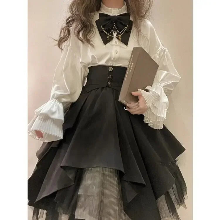 Cyflymder Ladies Set White Half High Neck Lantern Sleeve Shirt+Black Girdling Spliced Skirt Bow Gothic Lolita Single Piece Women Clothing