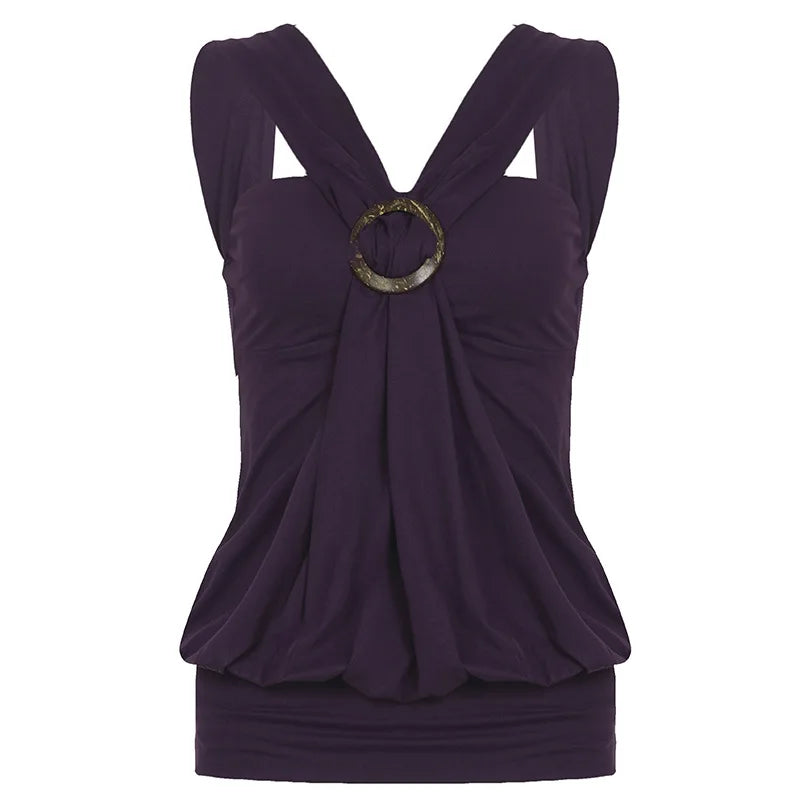 Cyflymder  Women's Purple Halter Neck Top Criss Cross Strap O Ring Detail Sleeveless Ruched Y2K Aesthetic Party Clubwear Going Out Outfit
