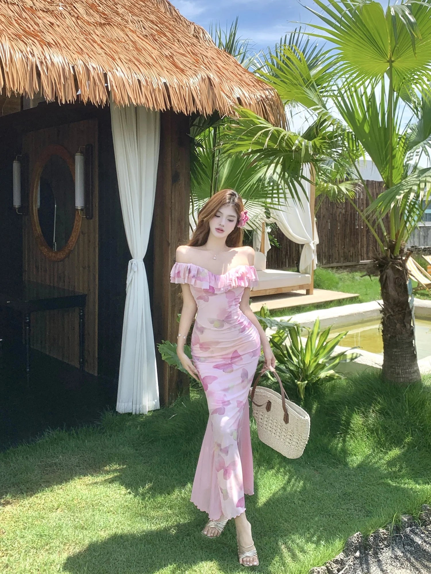 Cyflymder  Sexy Spicy Girl Pure Desire Sle Floral Print Bodycon Dr oulder Bared Lace  Slimming Wrap High Waist Fi Tail Skirt