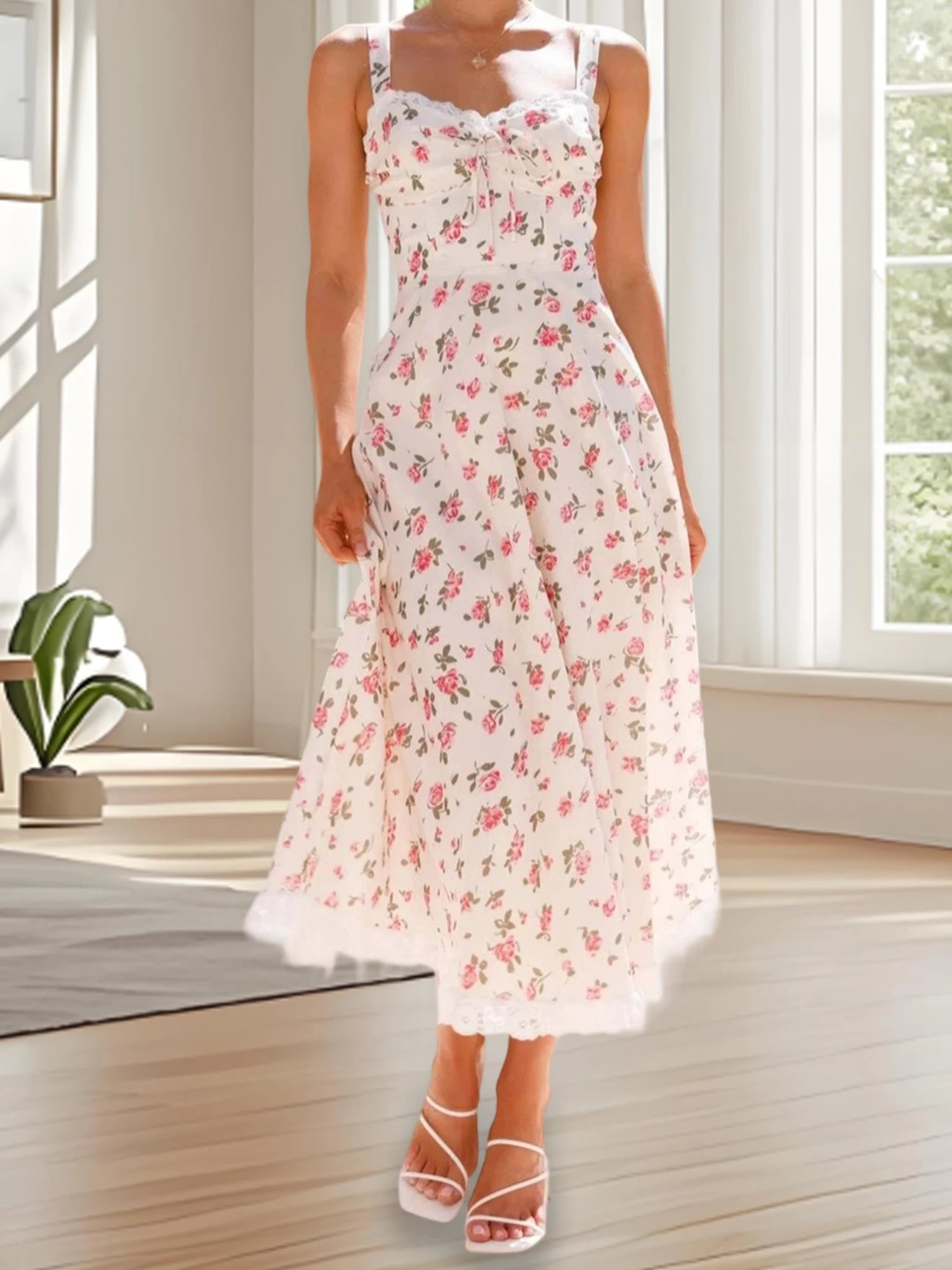 Cyflymder  Elegant Maxi Dress with Floral Print and Lace Trim Sleeveless A-Line Dress for Women Perfect for Summer Fashion
