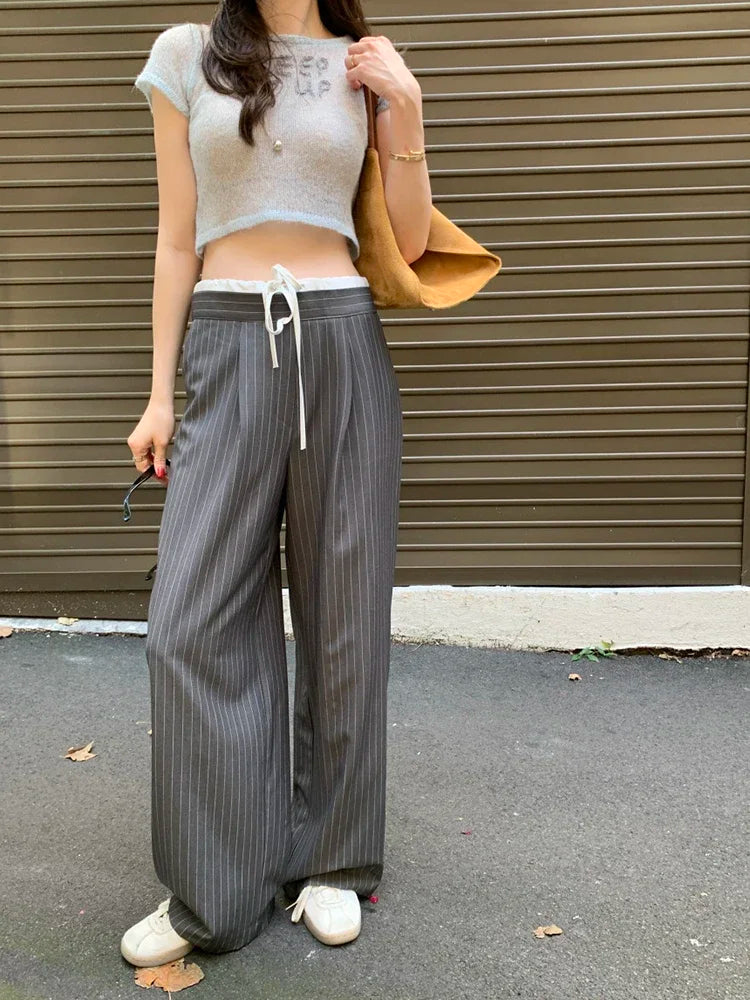 Cyflymder  Korean chic spring retro niche splicing high waist lace up versatile slim striped casual pants wide leg pants long 2025 New