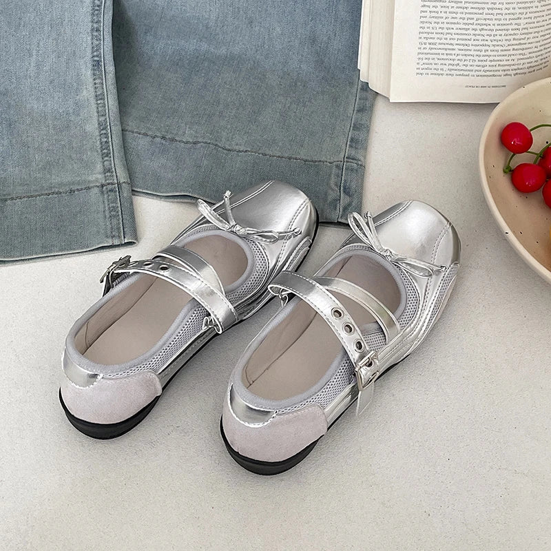 Cyflymder  Spring Silvery Thick Bottom Women Mary Jane Shoes Ladies Casual Shallow Single Leather Shoes Eelgant Round Toe Shoes
