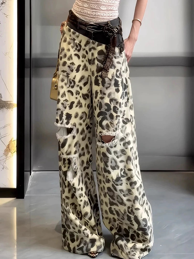 Cyflymder  Women Double Waistband Flared Jeans Leopard Print Patchwork Design Ripped Denim Pants Retro Fashion Summer Casual Trousers