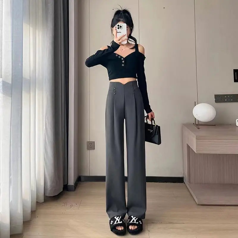 Cyflymder  Gray Wide-leg Pants for Women New Spring and Autumn Slim Casual Suit Pants High-end Drapey Straight-leg Floor Mopping Pants