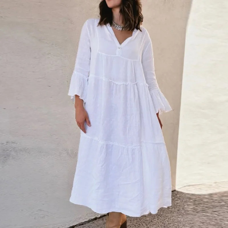 Cyflymder  Simple Autumn Flare Sleeve Cake Party Dress Fashion Solid Loose Cotton Linen Dress Women Spring V Neck Button Pleated Long Dress