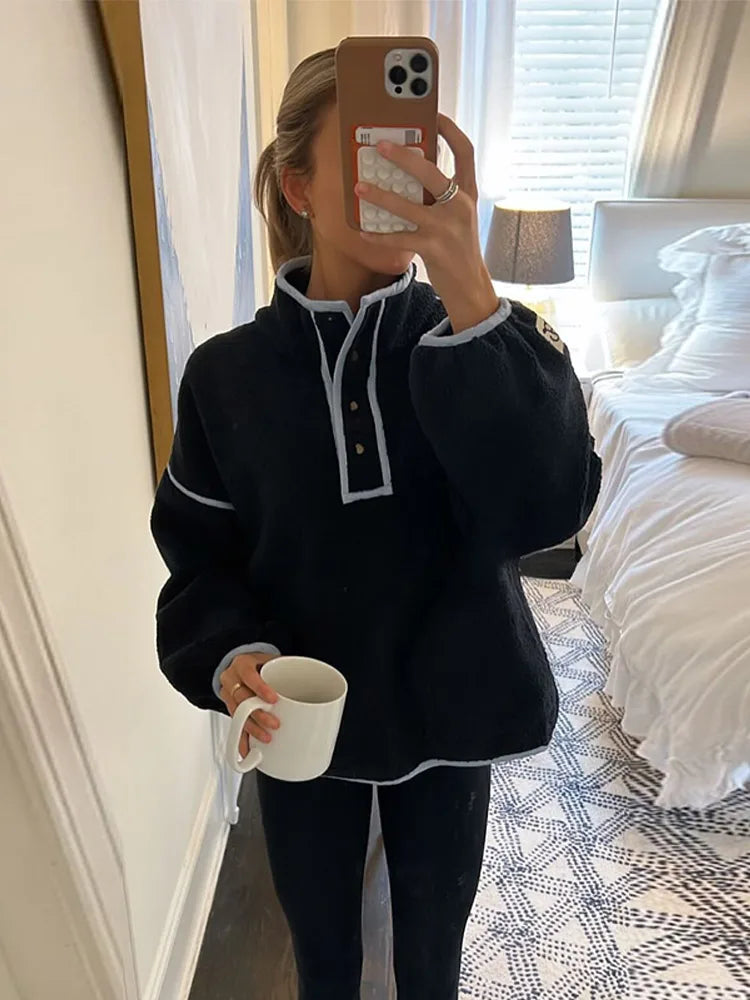 Cyflymder  Lamb Fleece Women's Coat Stand Collar Full Sleeve Pockets Loose Female Pullover 2025 Autumn Commute Sport Fashion Lady Pullovers