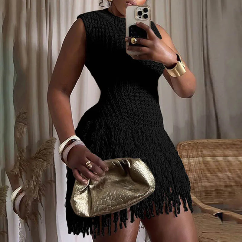 Cyflymder  Sexy Dress Women Sleeveless Hollow Out Patchwork Tassel Slim Bodycon Knitted Short Dresses