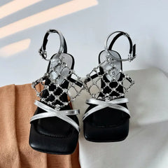 Cyflymder  Temperament High Heels Women Summer Square Toe Open Toe Rhinestone Metal Mesh Strap Alien Heel Roman Sandals，Fashion，35-40