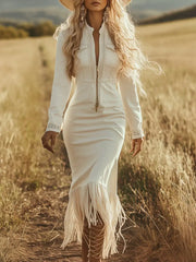 Cyflymder  Retro Solid Imitation Denim Tassel Dresses Woman Deep V Neck Zipper Slim Hips Dress New Fall Long Sleeve Irregular Dress